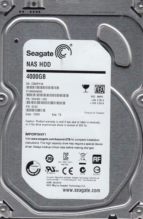 Seagate NAS HDD 4 TB ST4000VN000 5900 RPM 64 MB SATA 3-cache, Computers en Software, Harde schijven, Gebruikt, Desktop, Intern