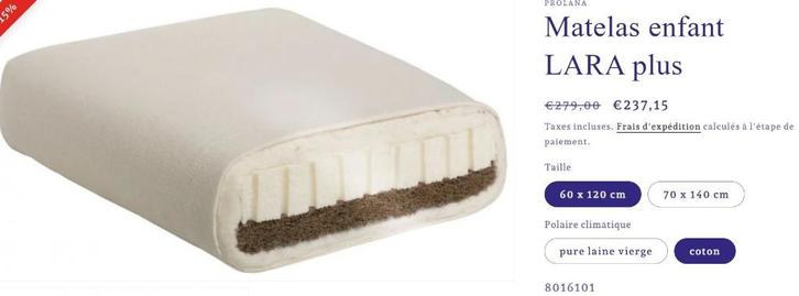 Matelas lit enfant bio 60X120 (Prolana), Kinderen en Baby's, Kinderkamer | Bedden, Zo goed als nieuw, Minder dan 140 cm, Minder dan 70 cm