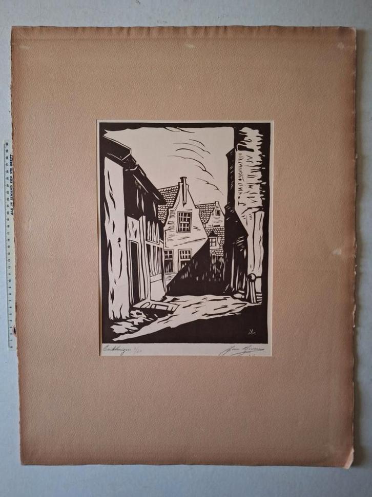 Houtsnede of linosnede van Enkhuizen door Jean Laenen, Antiek en Kunst, Kunst | Etsen en Gravures, Ophalen of Verzenden