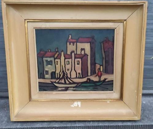 Huile sur panneau quai avec bateau signe ben genaux, Antiek en Kunst, Kunst | Schilderijen | Klassiek, Ophalen of Verzenden