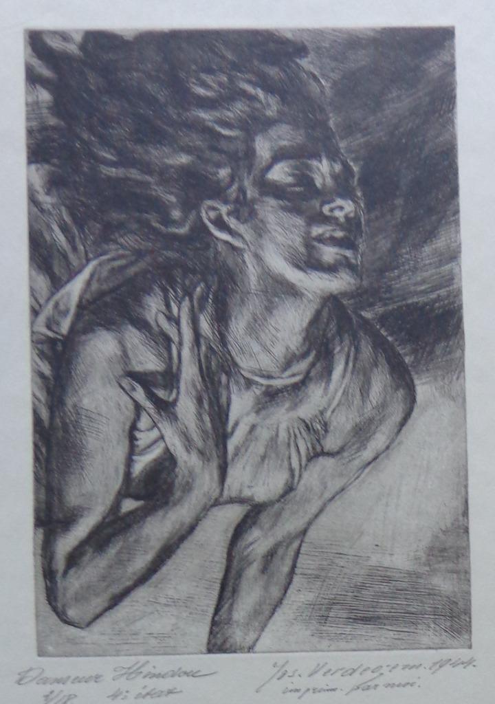 JOS VERDEGEM / DANSEUR HINDOU / ZW-W ETS / 50x34cm / SIG, Antiek en Kunst, Kunst | Litho's en Zeefdrukken, Ophalen of Verzenden