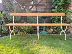 Tuinbank met 3 oude gietijzeren poten (hout vernieuwd eik), Tuin en Terras, Ophalen, Zo goed als nieuw
