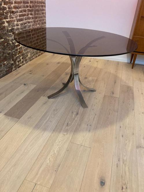 Table ronde verre fumé Space Age (Borsani?), Huis en Inrichting, Lampen | Tafellampen, Gebruikt, Glas, Metaal, Ophalen