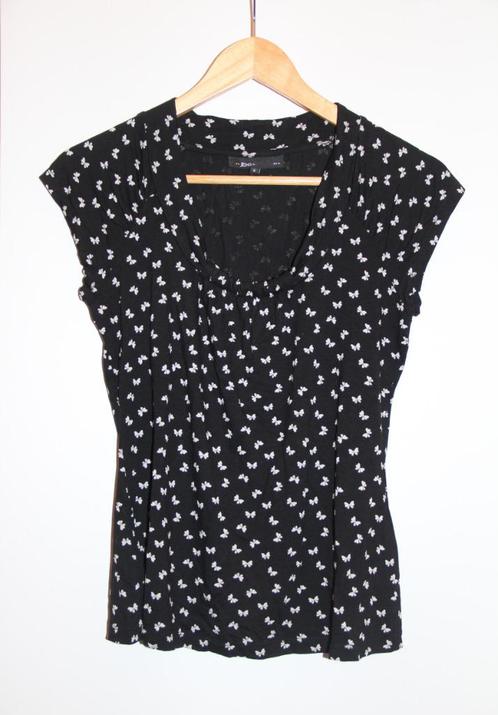 Blouse noire motif noeuds papillons blancs JBC S, Kleding | Dames, Topjes, Zo goed als nieuw, Maat 36 (S), Zwart, Korte mouw, Ophalen of Verzenden