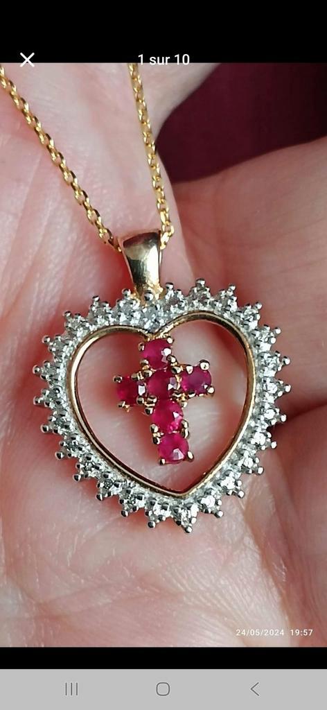 Pendentif en argent massif plaqué or avec rubis naturel, Bijoux, Sacs & Beauté, Pendentifs, Neuf, Argent, Autres couleurs, Cœur
