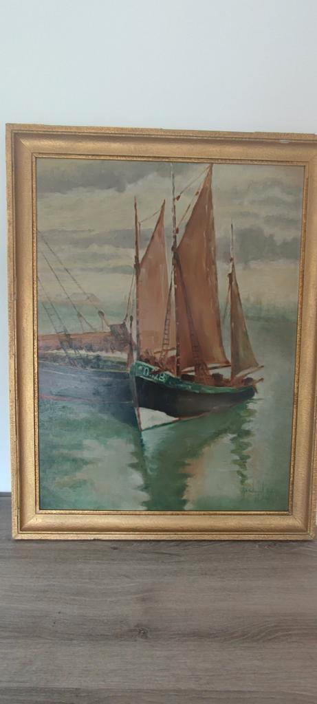 Oud zeezicht olieverf schilderij op paneel in mooie kader, Antiek en Kunst, Kunst | Schilderijen | Klassiek, Ophalen of Verzenden