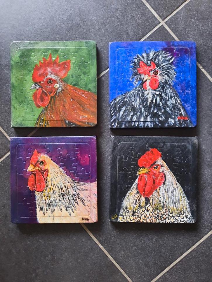 Schilderijtjes kip op puzzel, Maison & Meubles, Accessoires pour la Maison | Sous-verres & Sous-plats, Enlèvement