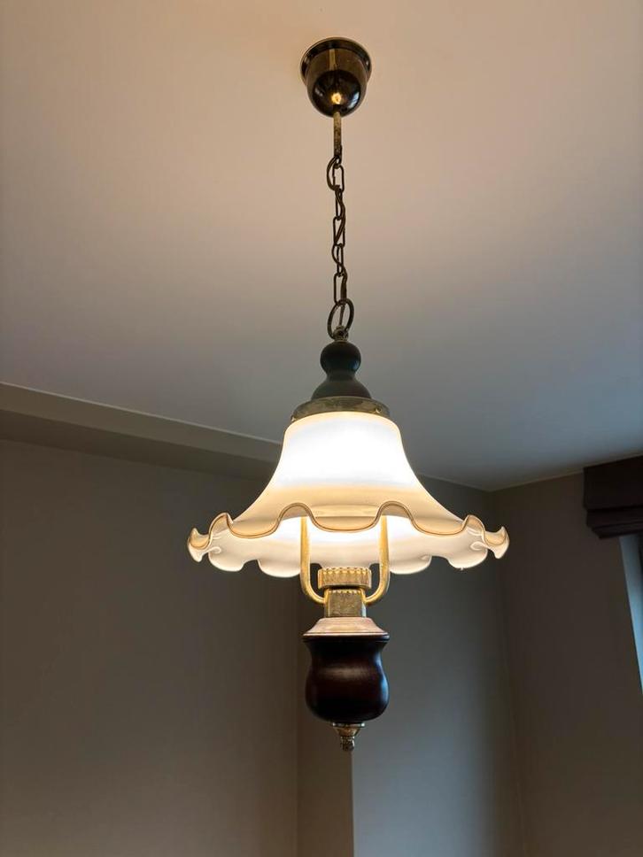 Glazen hanglamp met metalen en houten elementen, landelijk, Huis en Inrichting, Lampen | Hanglampen, Gebruikt, Glas, Hout, Metaal