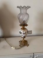 Vintage porseinen tafellamp met koper en blaasglas, Ophalen, Glas