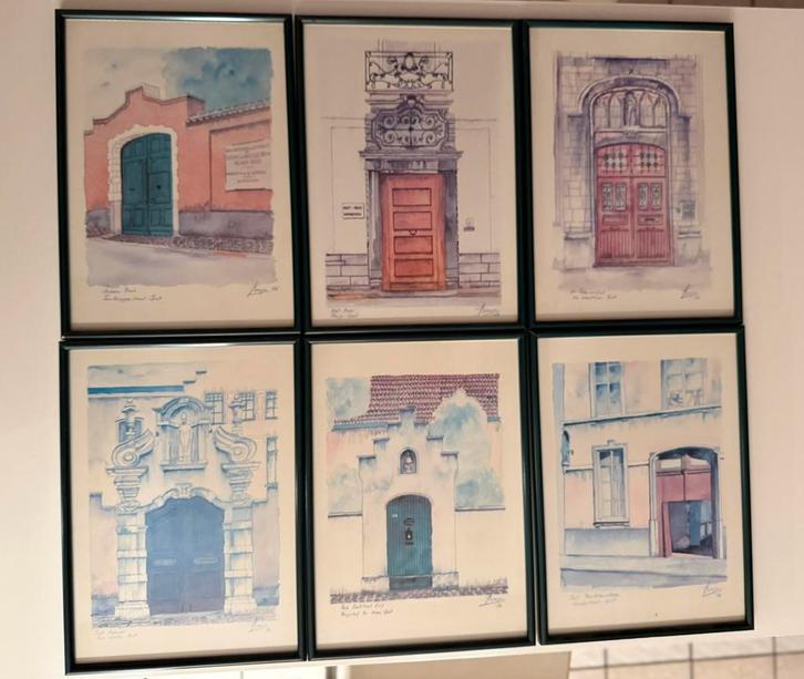 6 aquarellen van Gentse schoolpoorten (G. Boerjan - 1986), Antiek en Kunst, Kunst | Schilderijen | Klassiek, Ophalen