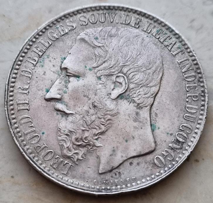 5 Francs 1894 Belgisch Congo / Leopold II, Postzegels en Munten, Munten | België, Losse munt, Zilver, Zilver, Ophalen of Verzenden
