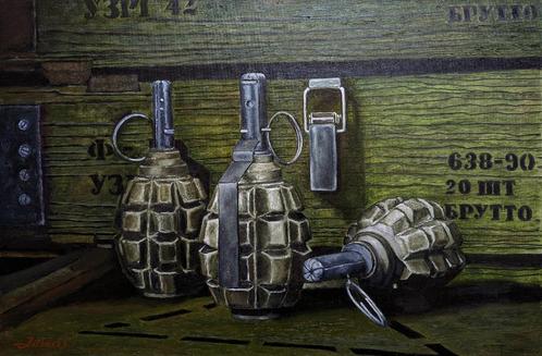 Peinture « Nature morte avec des grenades militaires », Antiquités & Art, Art | Peinture | Moderne, Envoi