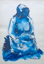 DE COCKER / ZITTENDE VROUW / ORIGINEEL / 37x28cm / KADER SIG, Antiquités & Art, Enlèvement ou Envoi