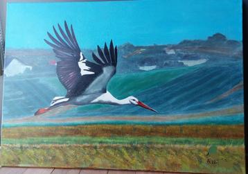 olieverfschilderij Vrije vlucht- Ooievaar   beschikbaar voor biedingen
