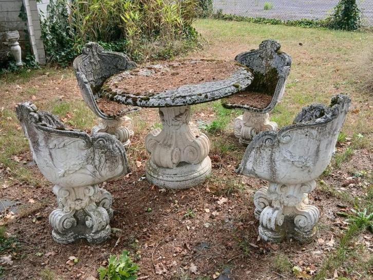 Antieke stenen tuinset – tafel + 4 stoelen, Tuin en Terras, Tuinsets en Loungesets, Gebruikt, Tuinset, Ophalen