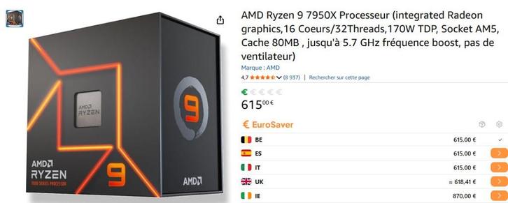 Processeur Ryzen 9 7950X, Informatique & Logiciels, Processeurs, Reconditionné, Autres, 4 Ghz ou plus, Enlèvement