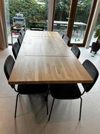 Tafel houten blad, zwart stalen onderstel (excl. stoelen!), Huis en Inrichting, Tafels | Eettafels, Ophalen, Gebruikt, 200 cm of meer
