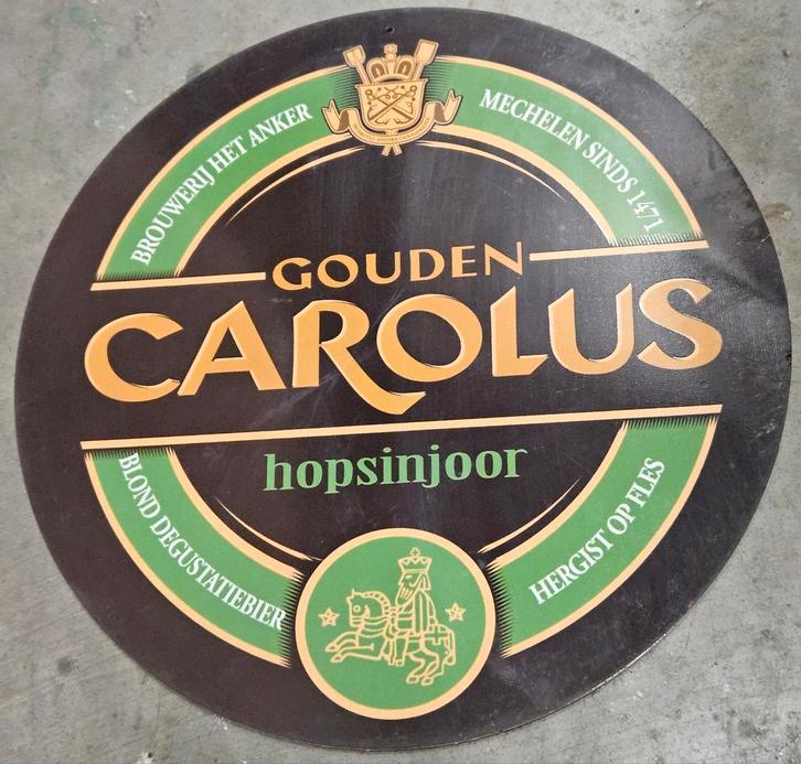 Gouden Carolus Hopsinjoor rond publiciteitsbord, Verzamelen, Biermerken, Zo goed als nieuw, Ophalen of Verzenden