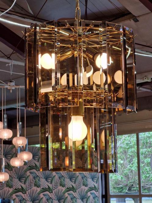 Vintage messing rookglas kroonluchter jaren 70, Huis en Inrichting, Lampen | Hanglampen, Gebruikt, Ophalen