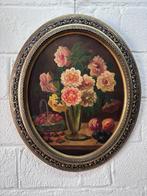 Ovaal olieverfschilderij stilleven met bloemen en fruit, Ophalen