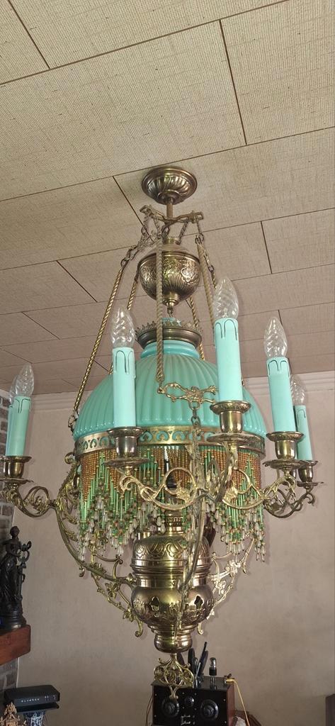1900 Belgische geëlektrificeerde lamp, Huis en Inrichting, Lampen | Kroonluchters, Zo goed als nieuw, Glas, Ophalen