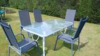 Tuintafel met glazen blad en 5 stoelen met hoge rug, Tuin en Terras, Tuintafels, Gebruikt, Rechthoekig, Ophalen, Aluminium