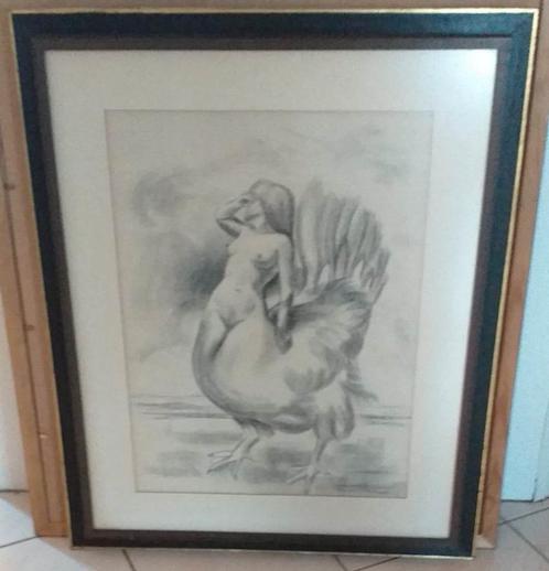 Prachtige Kunsttekening in kader met glas., Antiek en Kunst, Kunst | Etsen en Gravures, Ophalen of Verzenden