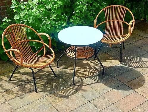 Vintage rotan cocktailset jaren 50, Tuin en Terras, Tuinstoelen, Rotan, Ophalen of Verzenden