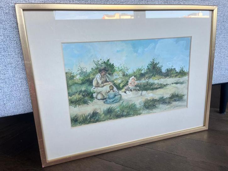 Aquarelle Johannes Evert Akkeringa - Femme avec deux enfants, Antiquités & Art, Art | Peinture | Classique, Enlèvement ou Envoi