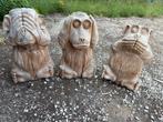 3 massief houten aapjes tuindecoratie, Tuin en Terras, Tuinbeelden, Ophalen, Hout