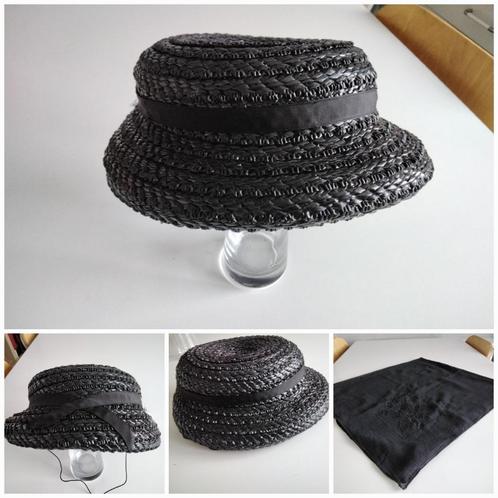 Oude zwarte geweven dameshoed en fijn geborduurde katoenen s, Antiek en Kunst, Antiek | Kleding en Textiel, Dames, Ophalen of Verzenden