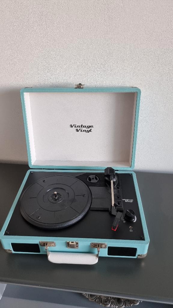 Vintage Vinyl Platenspeler (Koffermodel)-Lichtblauw/Turkoois, TV, Hi-fi & Vidéo, Tourne-disques, Comme neuf, Tourne-disque, Autres marques