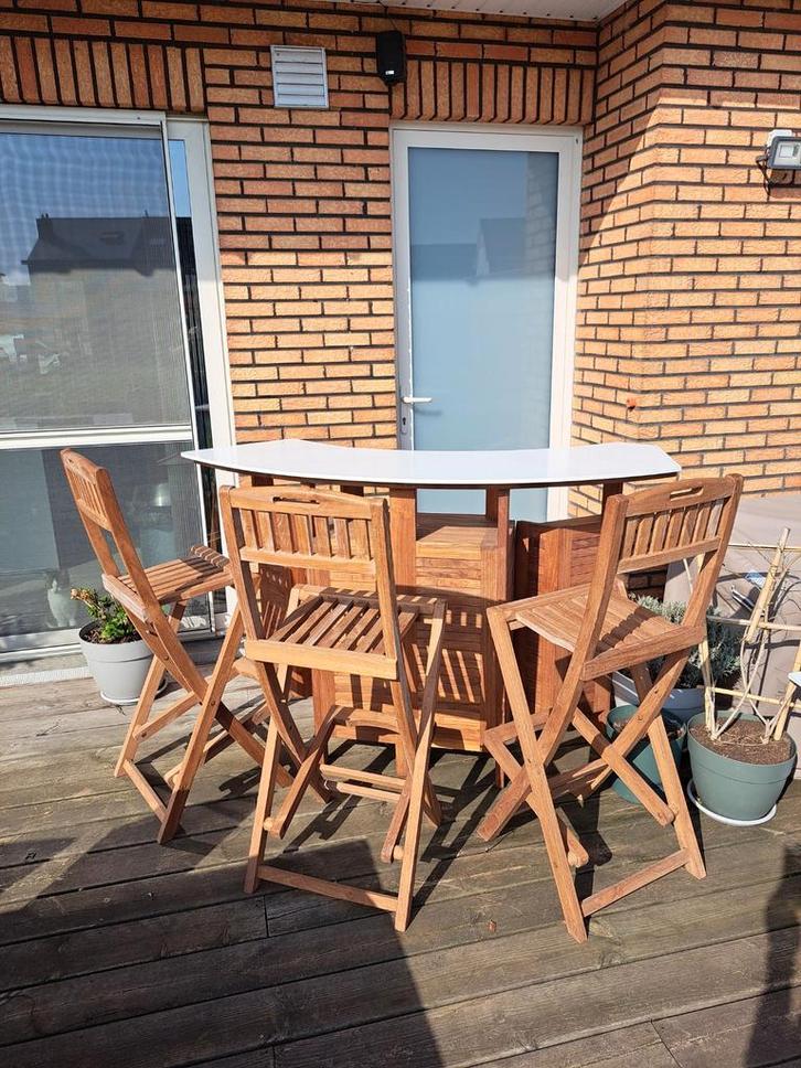 Luxe Teakhouten Tuinbar-set (Halfrond) + 3 Barkrukken, Tuin en Terras, Tuinsets en Loungesets, Zo goed als nieuw, Teakhout, 3 zitplaatsen