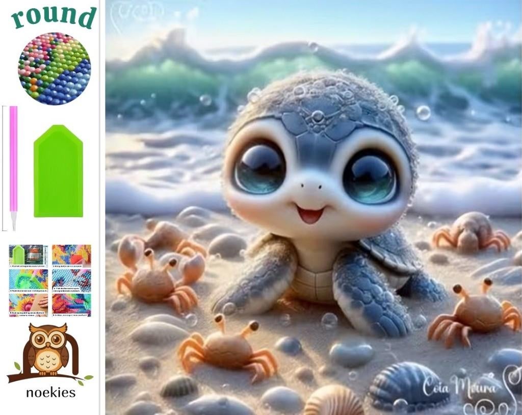 nr 554 Diamond Painting schildpad op het strand 20x20cm, Zee en Strand, Verzenden, Nieuw, Meerkleurig