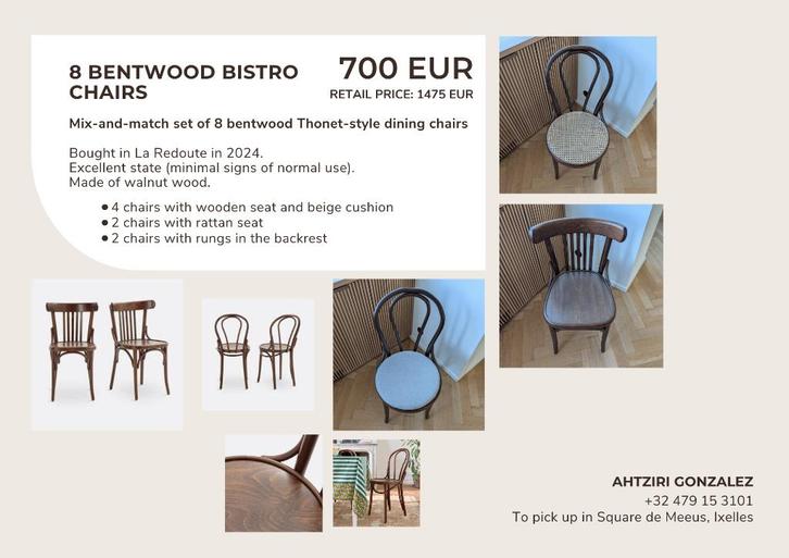 8 chaises de bistrot en noyer, Maison & Meubles, Chaises, Comme neuf, Cinq, Six Chaises ou plus, Bois, Brun, Enlèvement