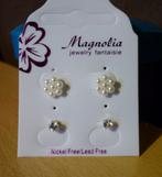 Set van 2 paar witte oorbellen bloem strass en parels, Ophalen of Verzenden