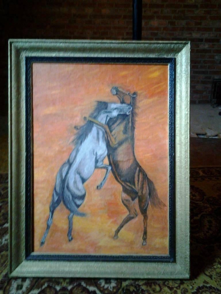 schilderij met paarden prima staat kader en doek prima staat, Enlèvement, Utilisé, 50 à 75 cm, Peinture