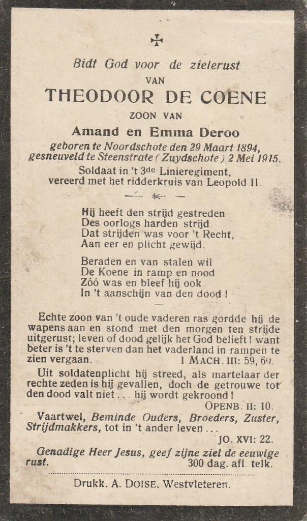 Gesneuvelde 1914-1918     Theodoor De Coene, Verzamelen, Bidprentjes en Rouwkaarten, Ophalen