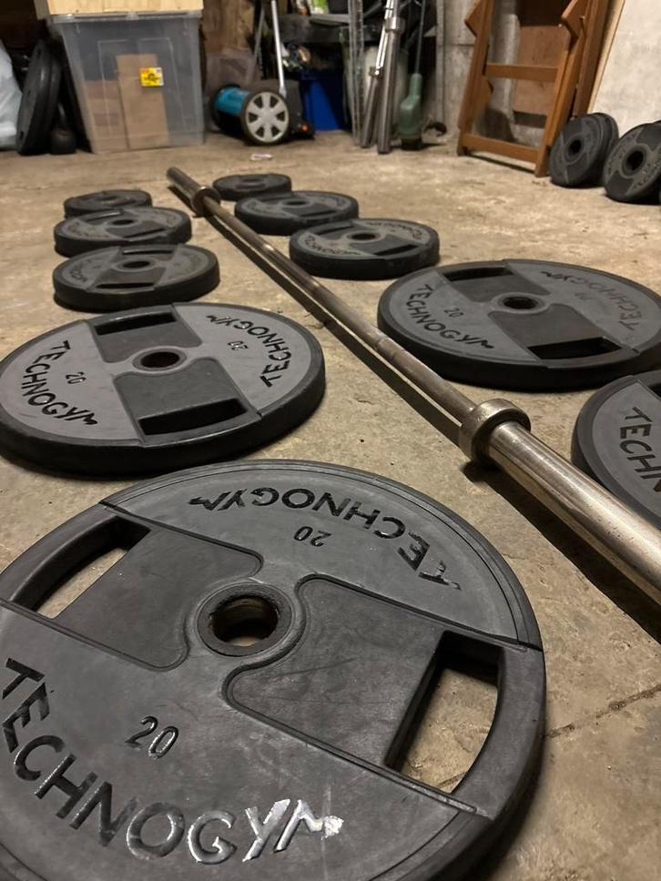 20kg barbell + 140kg gewichten, Sport en Fitness, Fitnessmaterialen, Zo goed als nieuw, Ophalen
