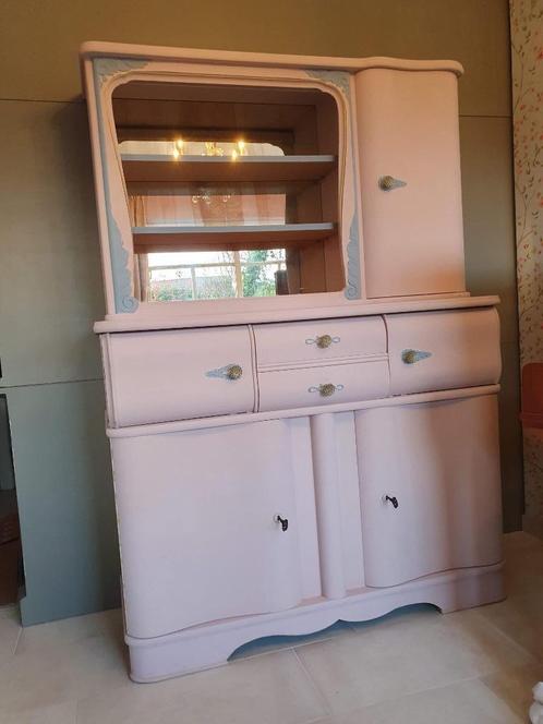 Buffetkast brocant roze/blauw met tintje goud - met spiegels, Huis en Inrichting, Kasten | Buffetkasten, Glas, Ophalen
