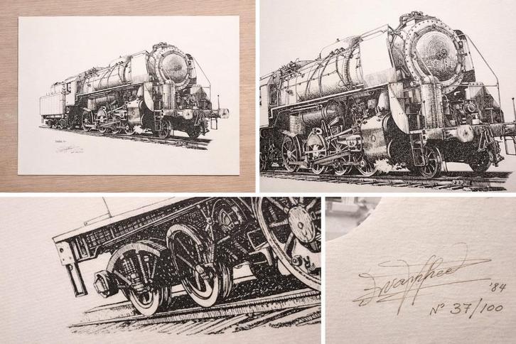 Originele gravure NMBS stoomlocomotief – Freddy Vanhee, Verzamelen, Spoorwegen en Tram, Gebruikt, Trein, Kaart of Prent, Ophalen