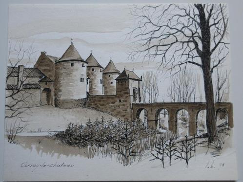 Pentekening " Corroy le Chateau" door L. Boschmans, Antiek en Kunst, Kunst | Schilderijen | Klassiek, Ophalen of Verzenden