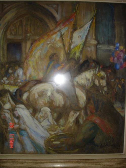Gouache "Cortège religieux"  Thysebaert Emile  1930, Antiquités & Art, Art | Peinture | Classique, Enlèvement