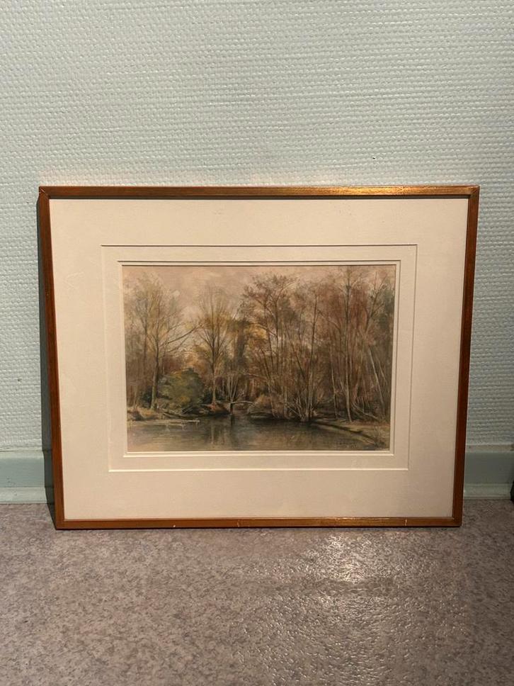 Landschap reproductie in houten kader – Huis Van Dommelen, Antiek en Kunst, Kunst | Etsen en Gravures, Ophalen