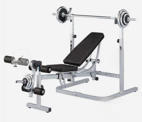 Banc de développé couché Ketller + barres + poids, Sport en Fitness, Fitnessapparatuur, Ligfiets, Benen, Ophalen