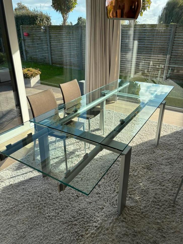 Glazen eettafel, Huis en Inrichting, Tafels | Eettafels, Gebruikt, 50 tot 100 cm, 200 cm of meer, Vijf personen of meer, Rechthoekig