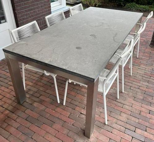 Hardstenen tafel met RVS onderstel tuintafel belgische hards, Tuin en Terras, Tuintafels, Gebruikt, Rvs, Ophalen