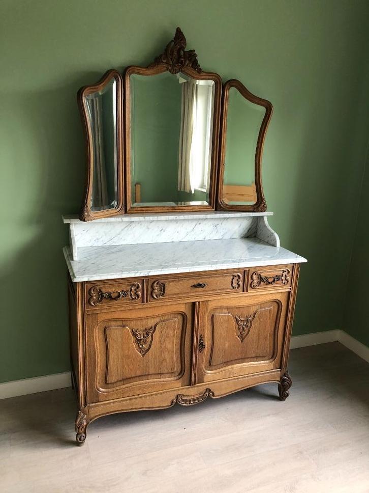 Antieke commode met marmeren blad en geslepen spiegel, Antiek en Kunst, Antiek | Meubels | Kasten, Ophalen