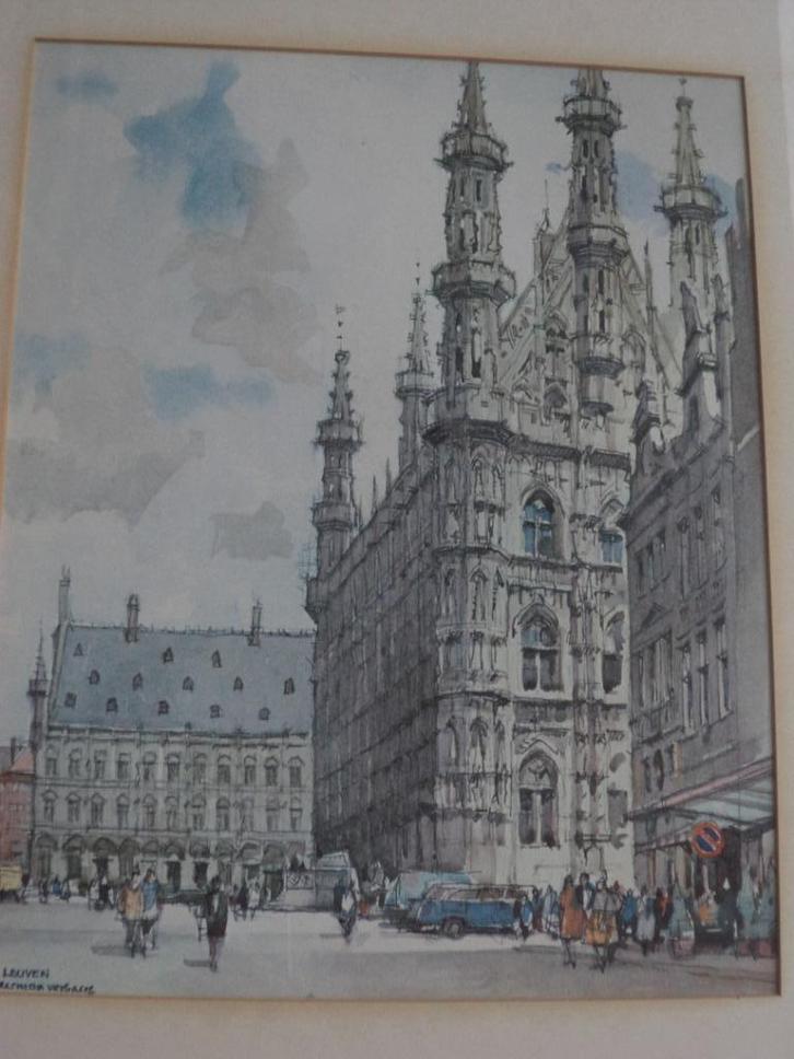 Herman Verbaere Leuven gothisch stadhuis markt met tafelrond, Antiek en Kunst, Kunst | Litho's en Zeefdrukken, Ophalen of Verzenden