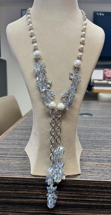 Long Chain Necklace with Square Aqua Beads with Pearls